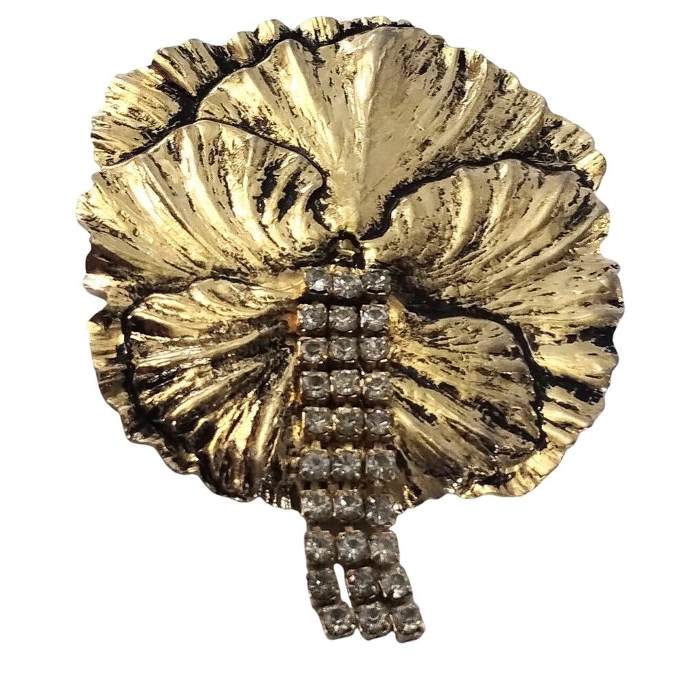 Vtg Gold Tone Pansy Rhinestone Dangle Chain Prong Pin Brooch